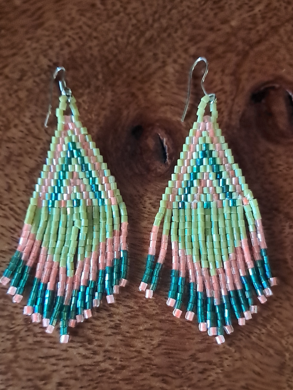 Handmade Green-Pink Beaded Fringe Earrings - Women Jewelry